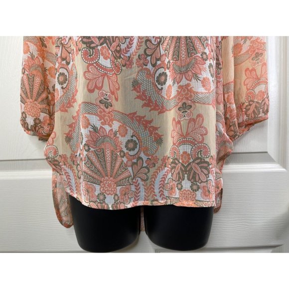 Lauren Conrad Blouse Womens Size Extra Small XS 3/4 Sleeve Peach Sheer Hi Lo Top - Picture 4 of 9
